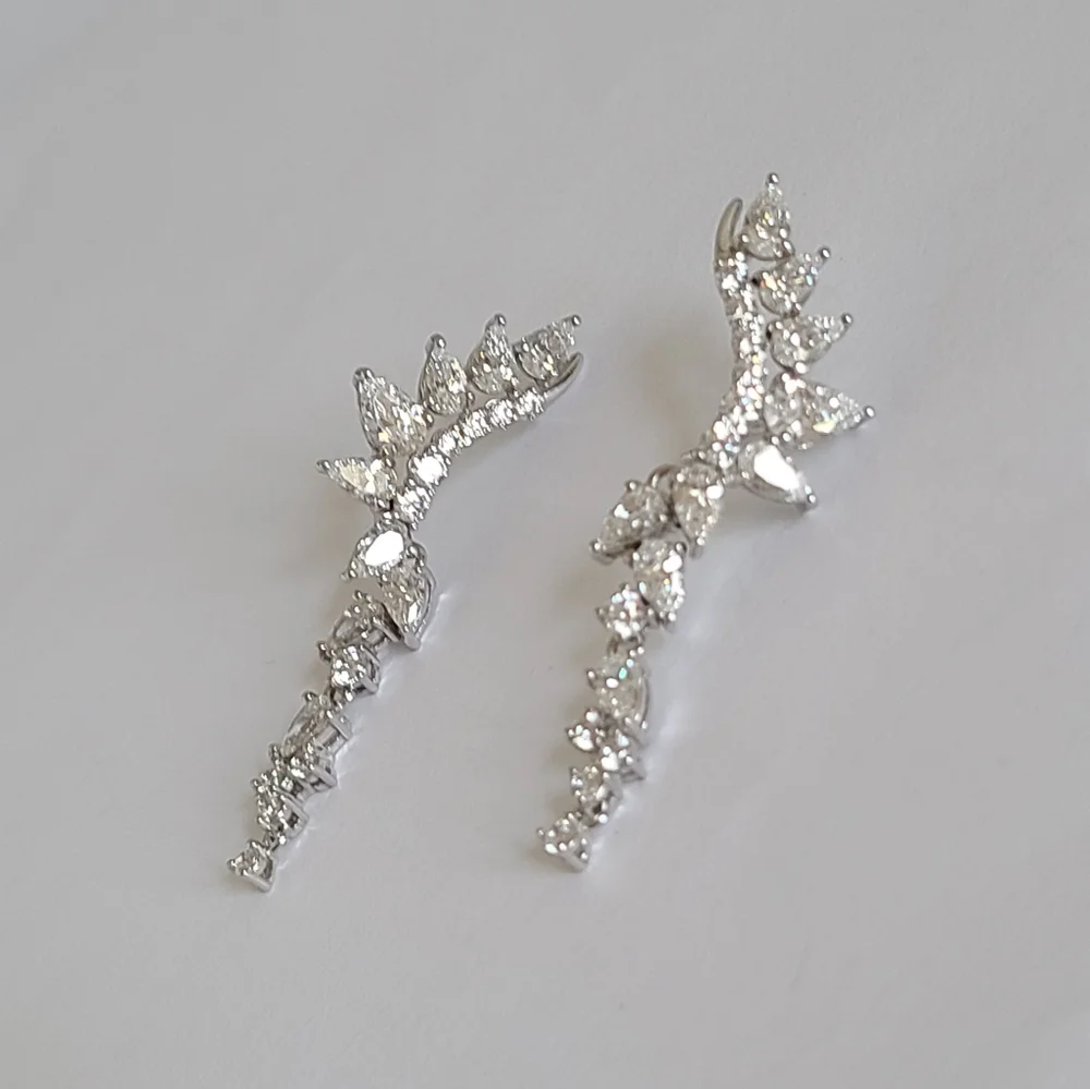 Sterling Silver Crystal Leaf Half Ear Drop Dangle Evening Cocktail Earrings - Picture 9 of 11